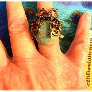 Adjustable Costume Vintage Scarab Beetle Ring, 1 1/2” long, green marbled stone